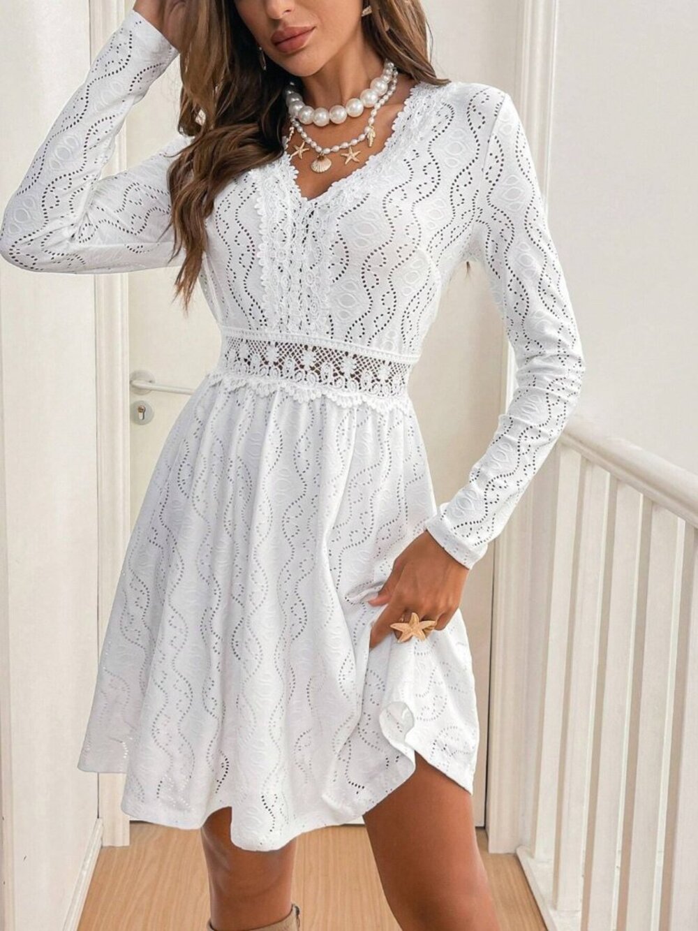 White Lace Detail V Neck Long Sleeve Mini Dress
